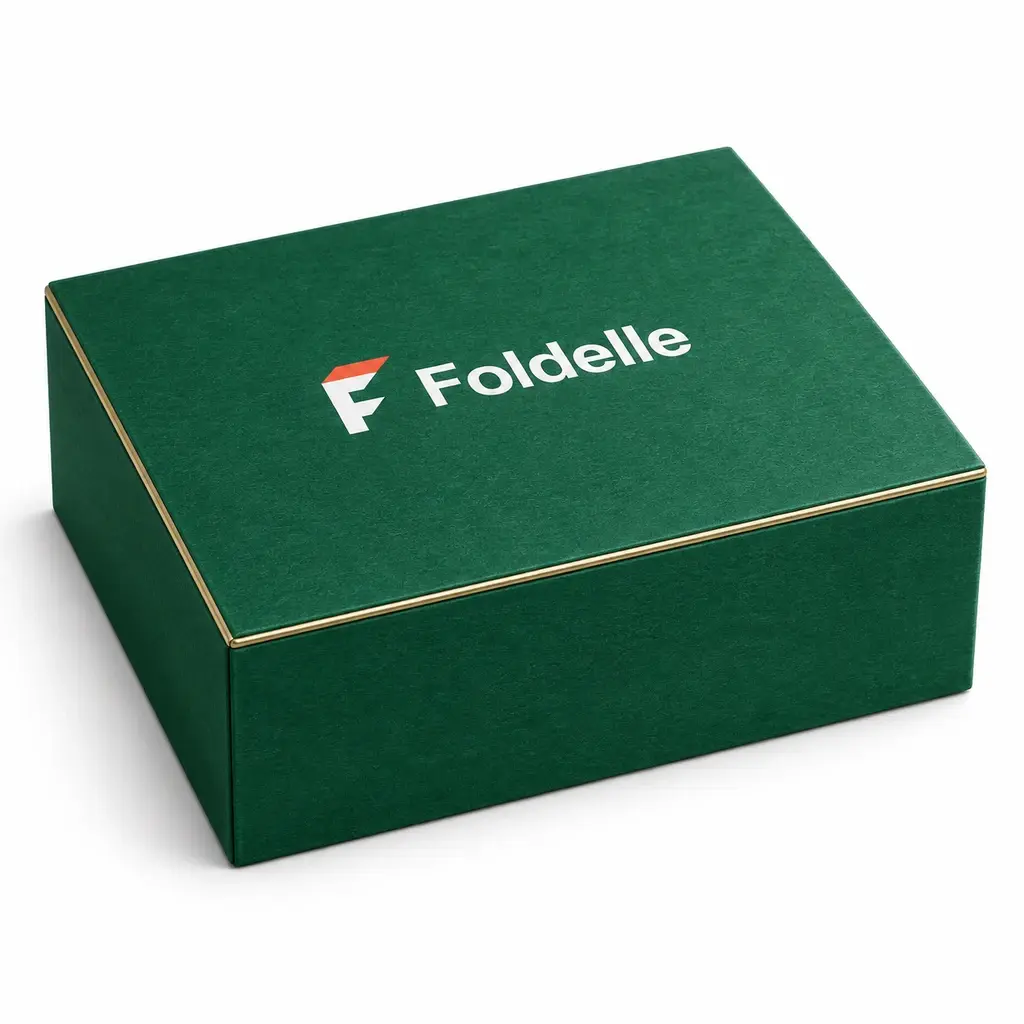 Emerald green hinged rigid box with white Foldelle logo and gold edge detail