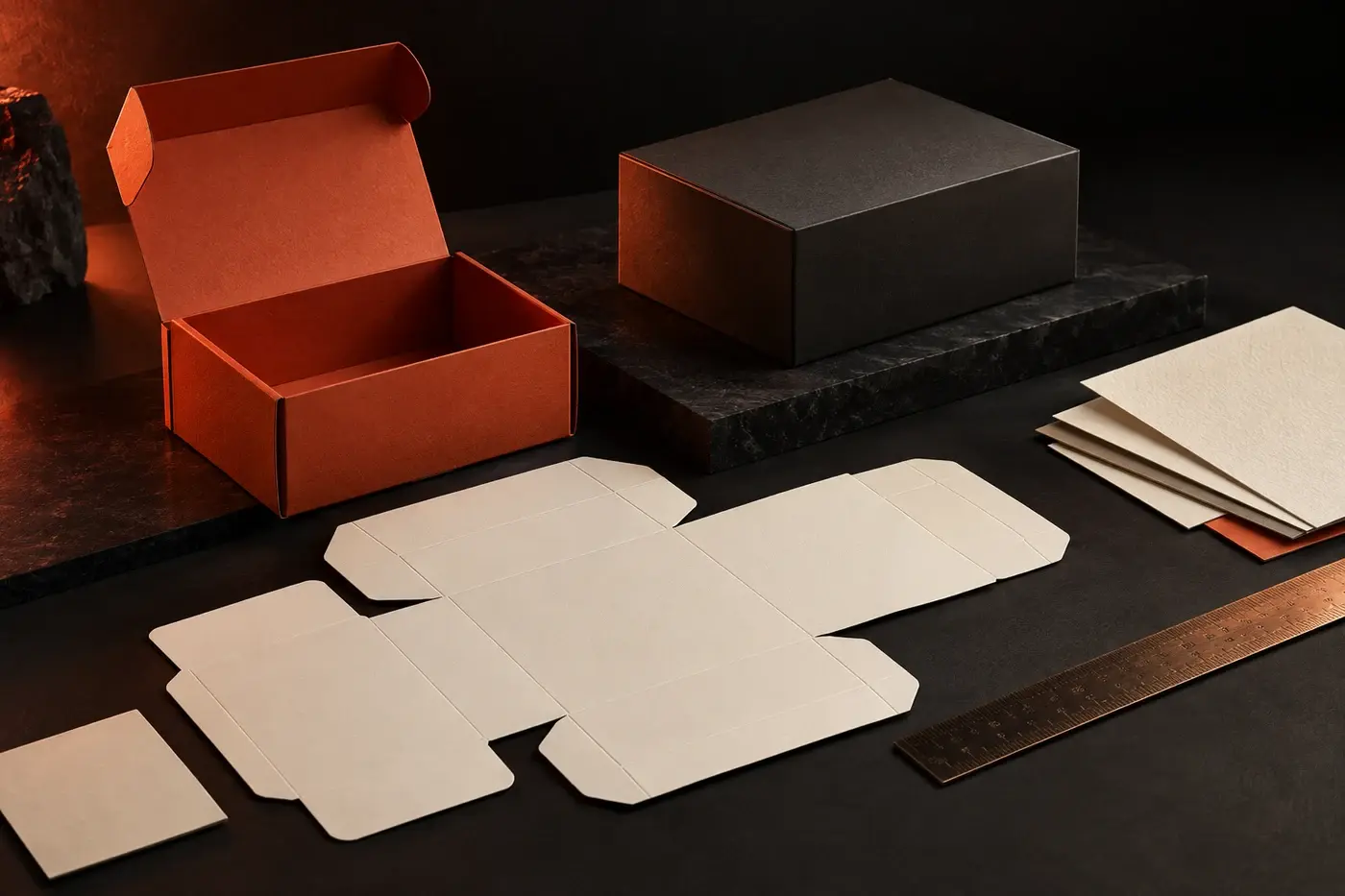 Packaging prototypes, an unfolded dieline and paper swatches on a development table