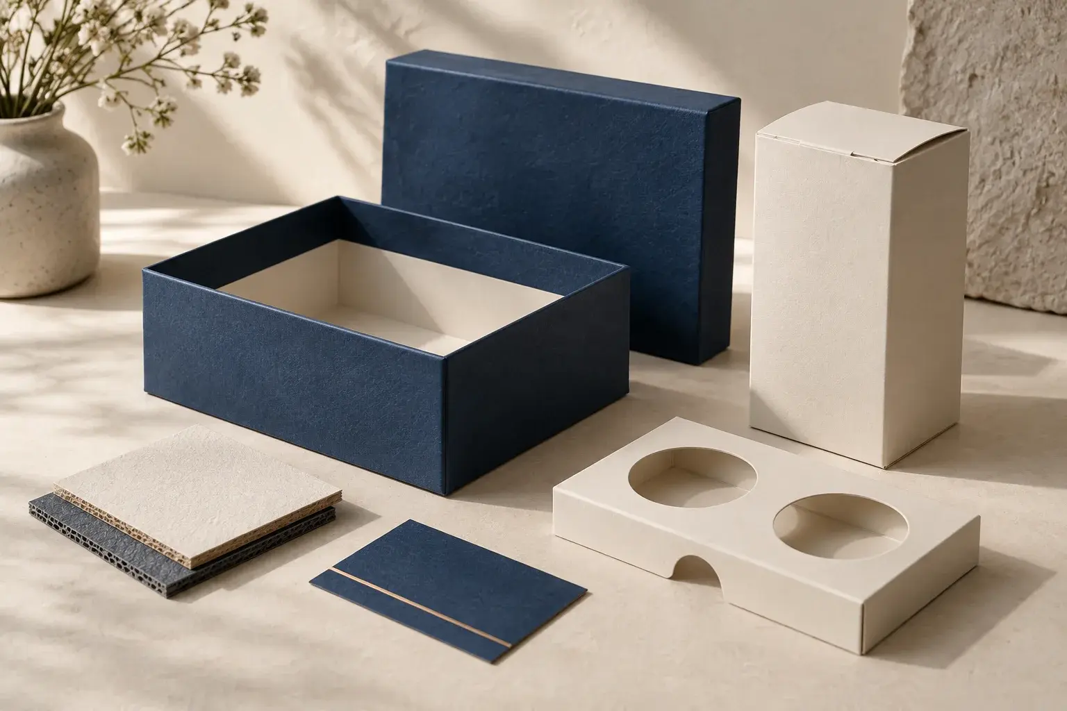 Blue and ivory packaging with material samples and a paperboard insert; original AI concept.