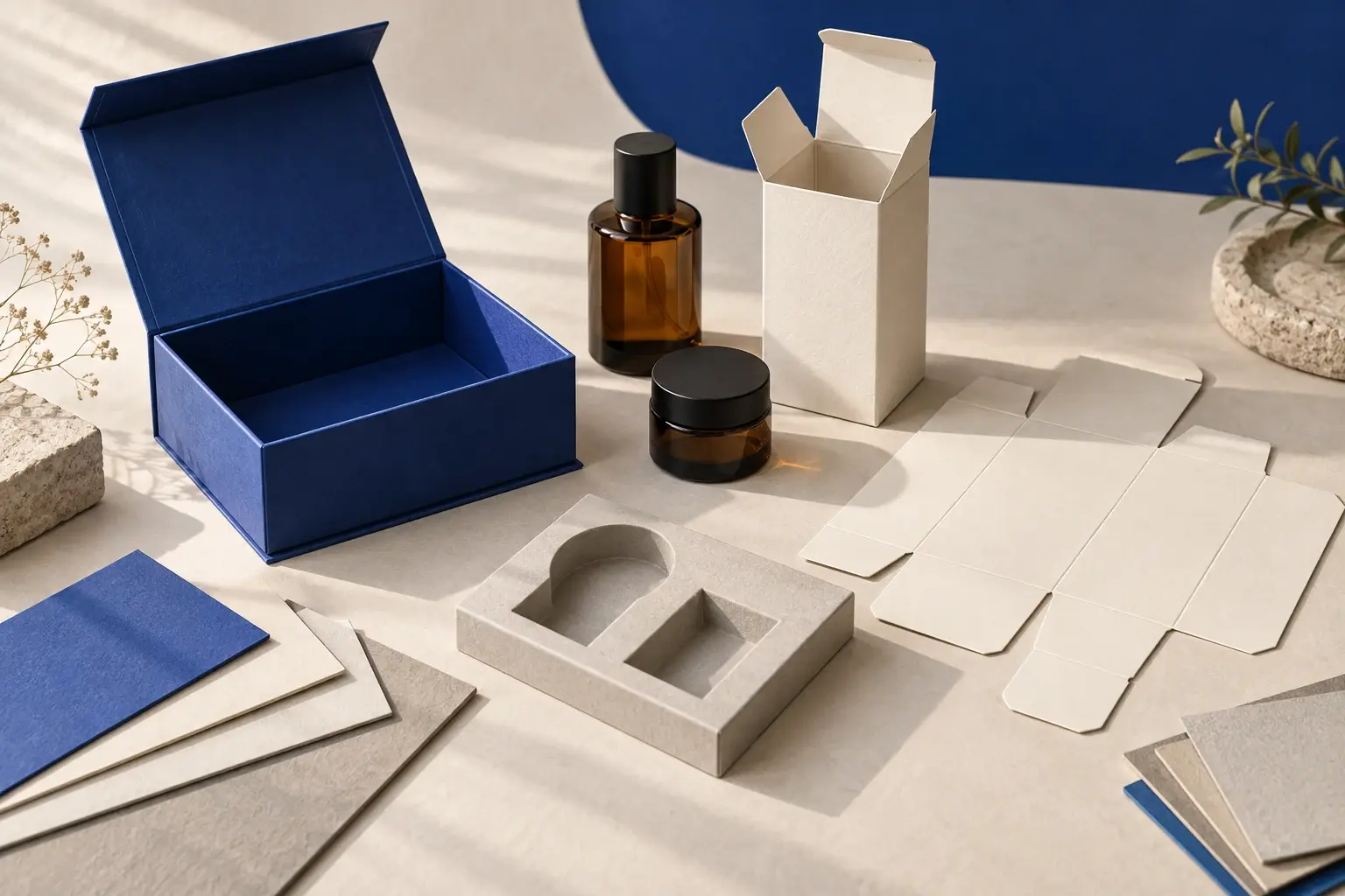 A cobalt rigid box, ivory folding carton, product containers, paperboard samples, insert and unfolded carton arranged as a packaging development concept.