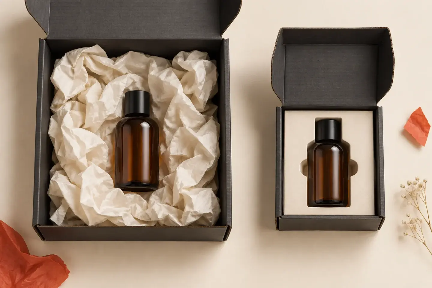 Illustrative comparison of a bottle in an oversized box with loose fill and a smaller box with a fitted insert